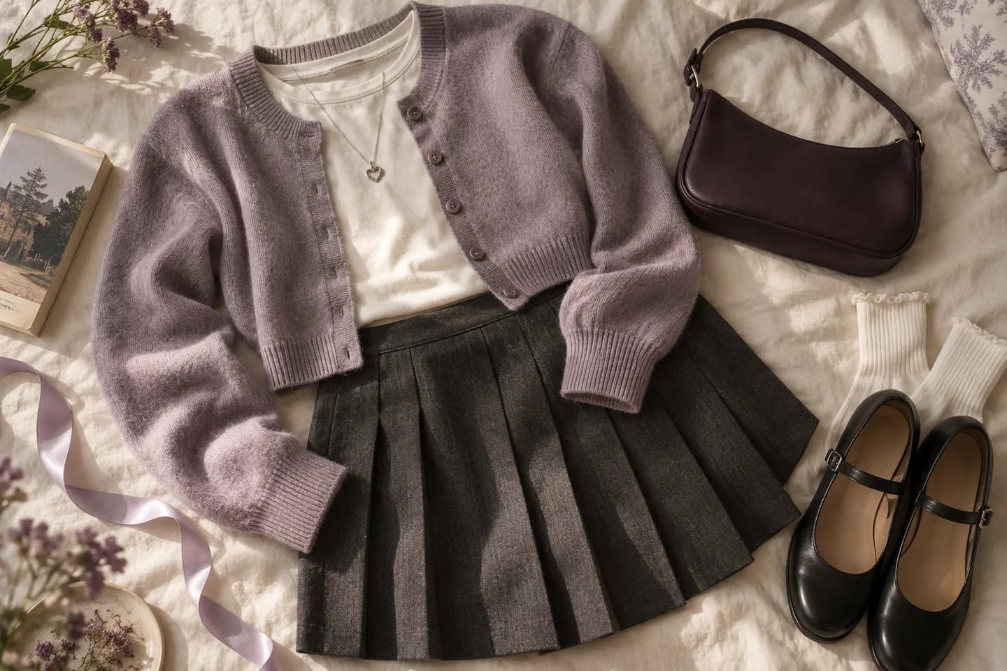 Editorial outfit inspiration with a lavender cardigan, charcoal skirt, plum shoulder bag and Mary Jane shoes Editorial outfit inspiration with a lavender cardigan, charcoal skirt, plum shoulder bag and Mary Jane shoes