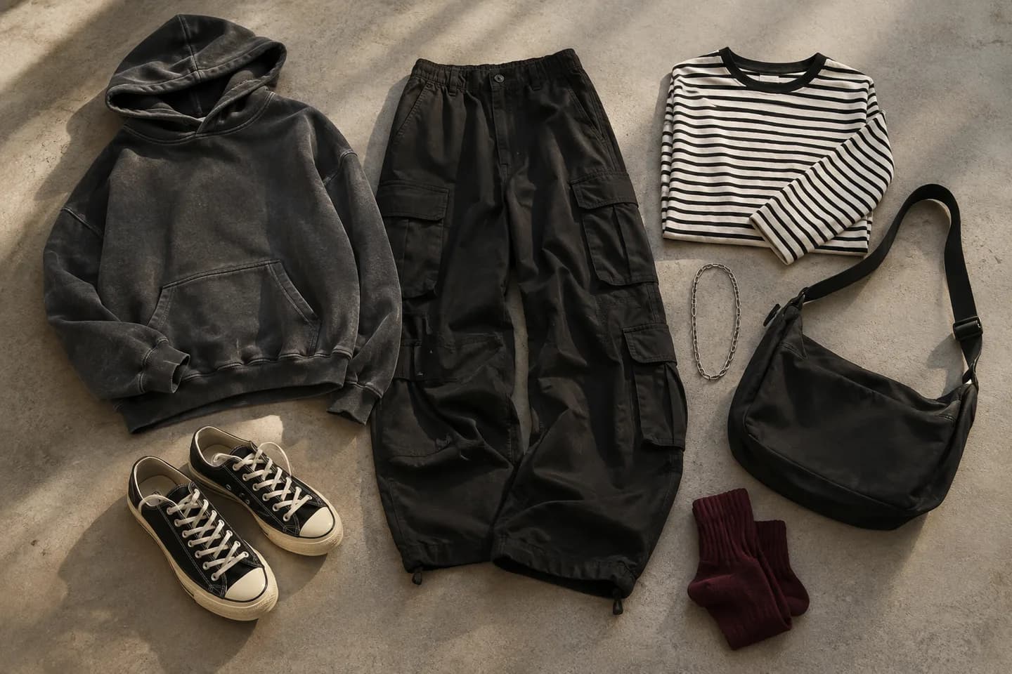 Charcoal hoodie, black cargo pants and striped tee arranged with casual accessories Charcoal hoodie, black cargo pants and striped tee arranged with casual accessories
