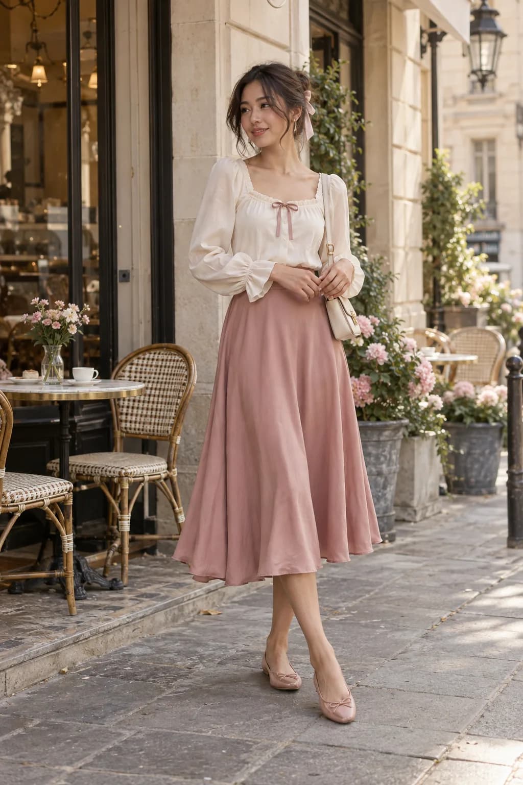 Coquette outfit with a cream ribbon blouse and dusty rose midi skirt Coquette outfit with a cream ribbon blouse and dusty rose midi skirt