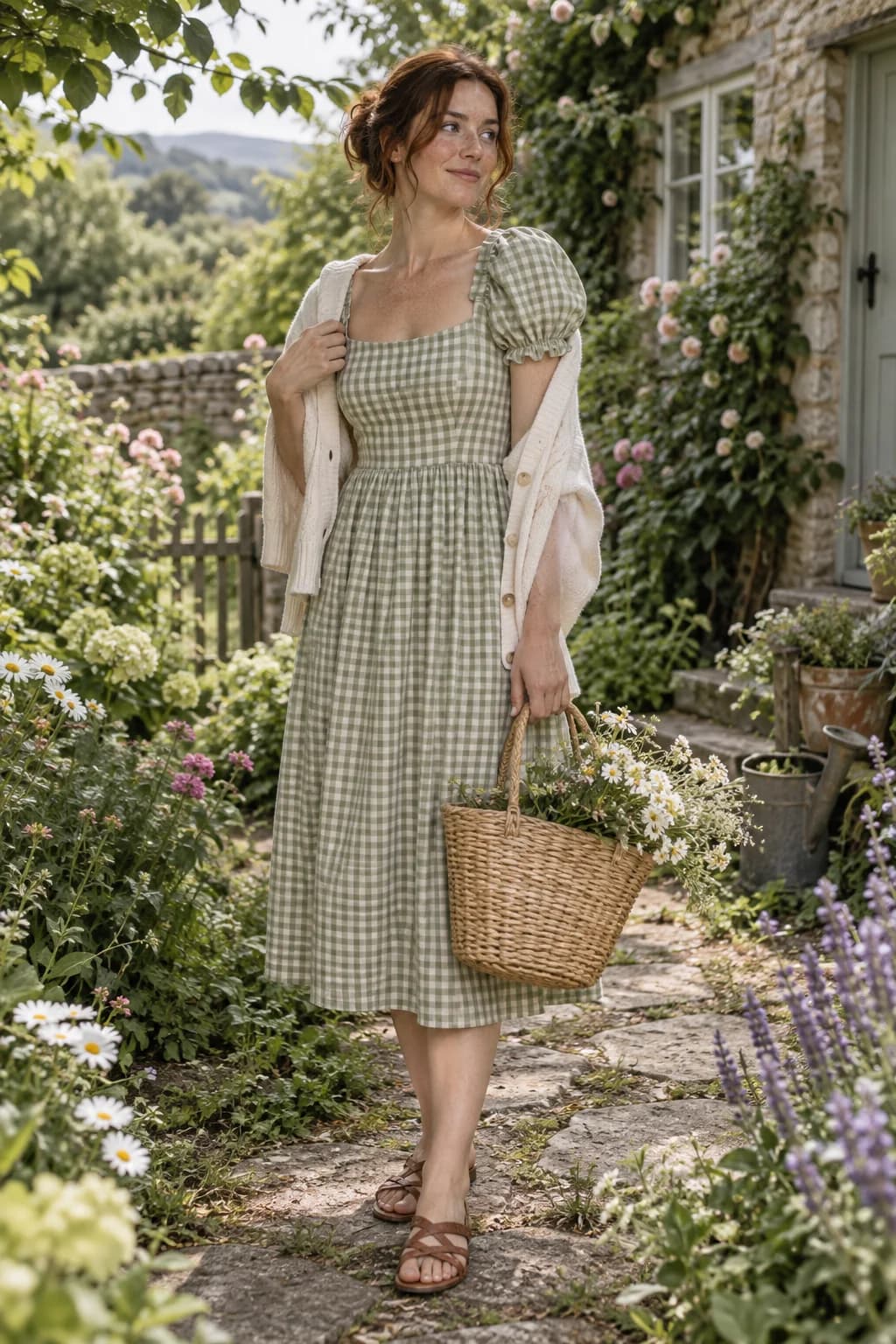 Cottagecore outfit with a sage gingham midi dress in a leafy garden Cottagecore outfit with a sage gingham midi dress in a leafy garden