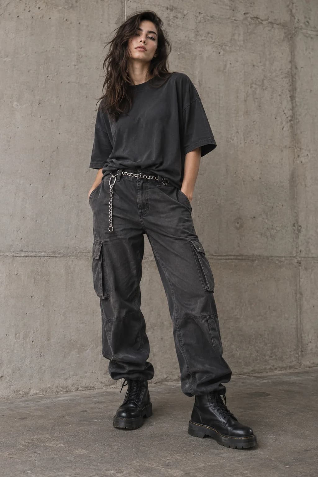 Grunge outfit with charcoal cargo pants and chunky boots Grunge outfit with charcoal cargo pants and chunky boots