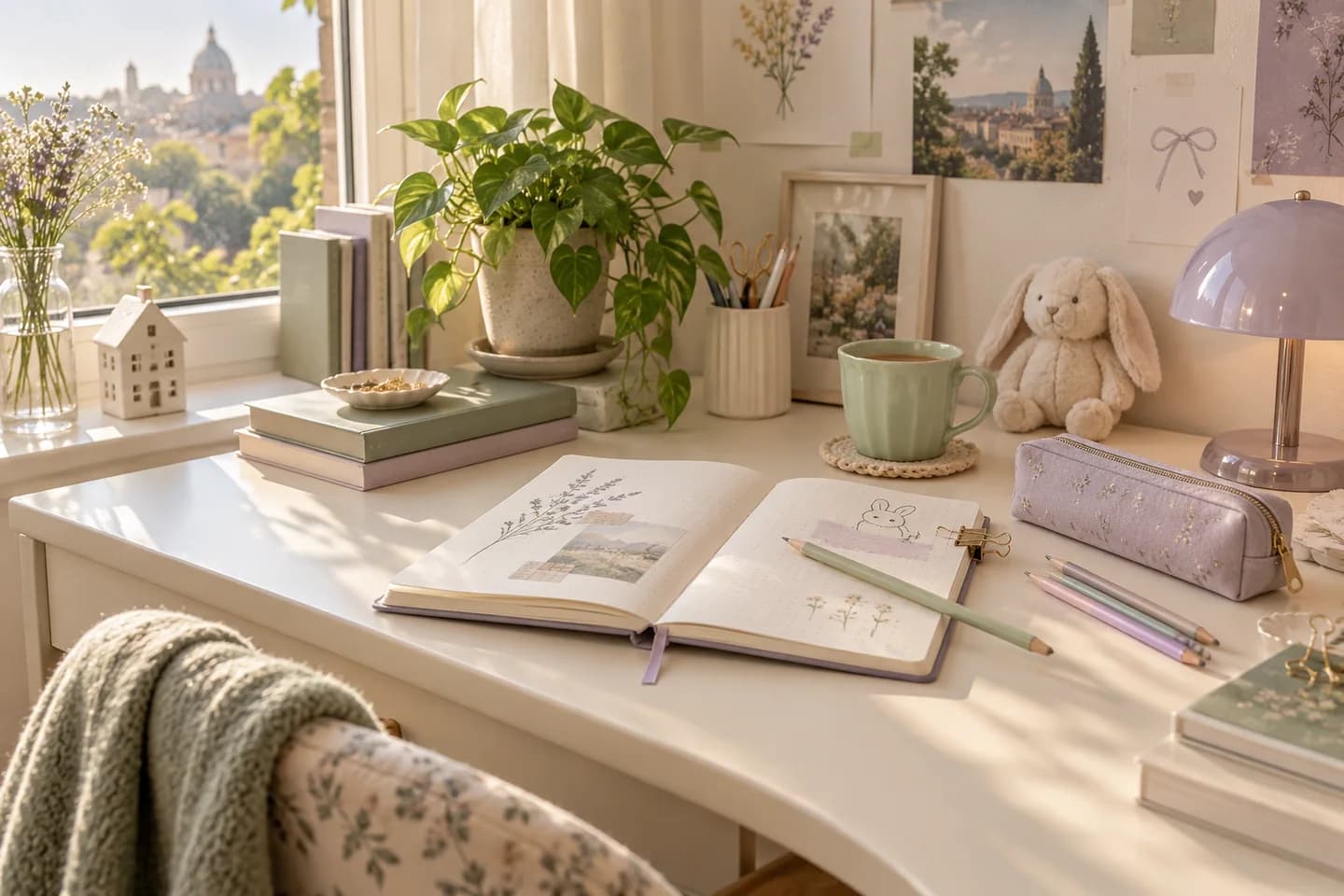 Kawaii creative desk inspiration with a pastel notebook, pencils, a lavender lamp and a plush bunny Kawaii creative desk inspiration with a pastel notebook, pencils, a lavender lamp and a plush bunny