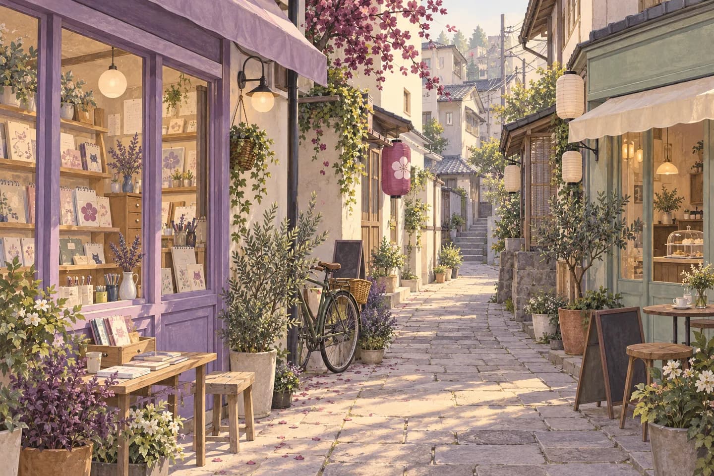 Illustration of an imagined Tokyo-inspired lane with a stationery shop and cafe Illustration of an imagined Tokyo-inspired lane with a stationery shop and cafe
