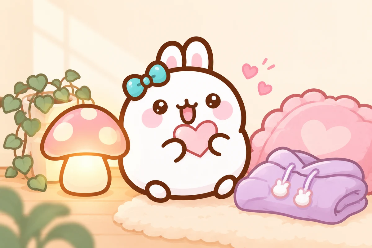 Meet Momo, the Kawaii Vibe bunny Momo the Kawaii Vibe bunny beside a cozy lamp and a lavender hoodie
