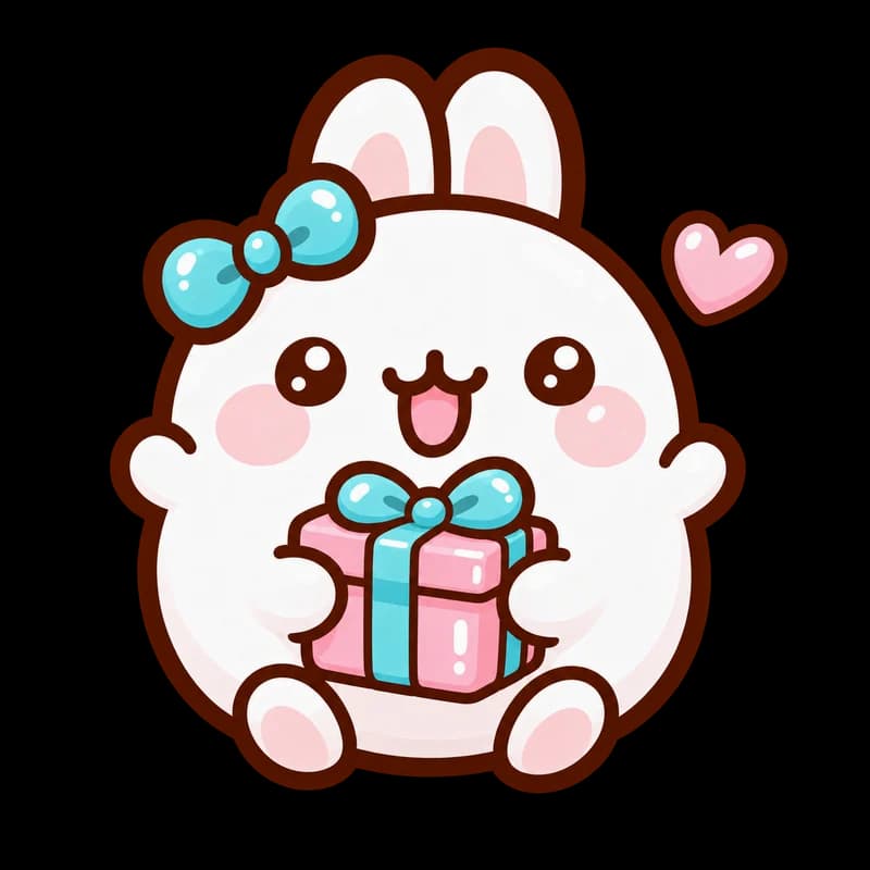 Meet Momo, the Kawaii Vibe bunny Momo the Kawaii Vibe bunny holding a pink gift with a turquoise ribbon