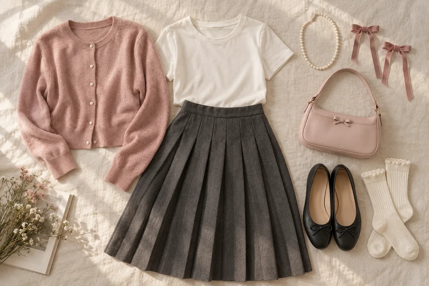 Dusty rose cardigan, charcoal pleated skirt and coordinated bow accessories Dusty rose cardigan, charcoal pleated skirt and coordinated bow accessories