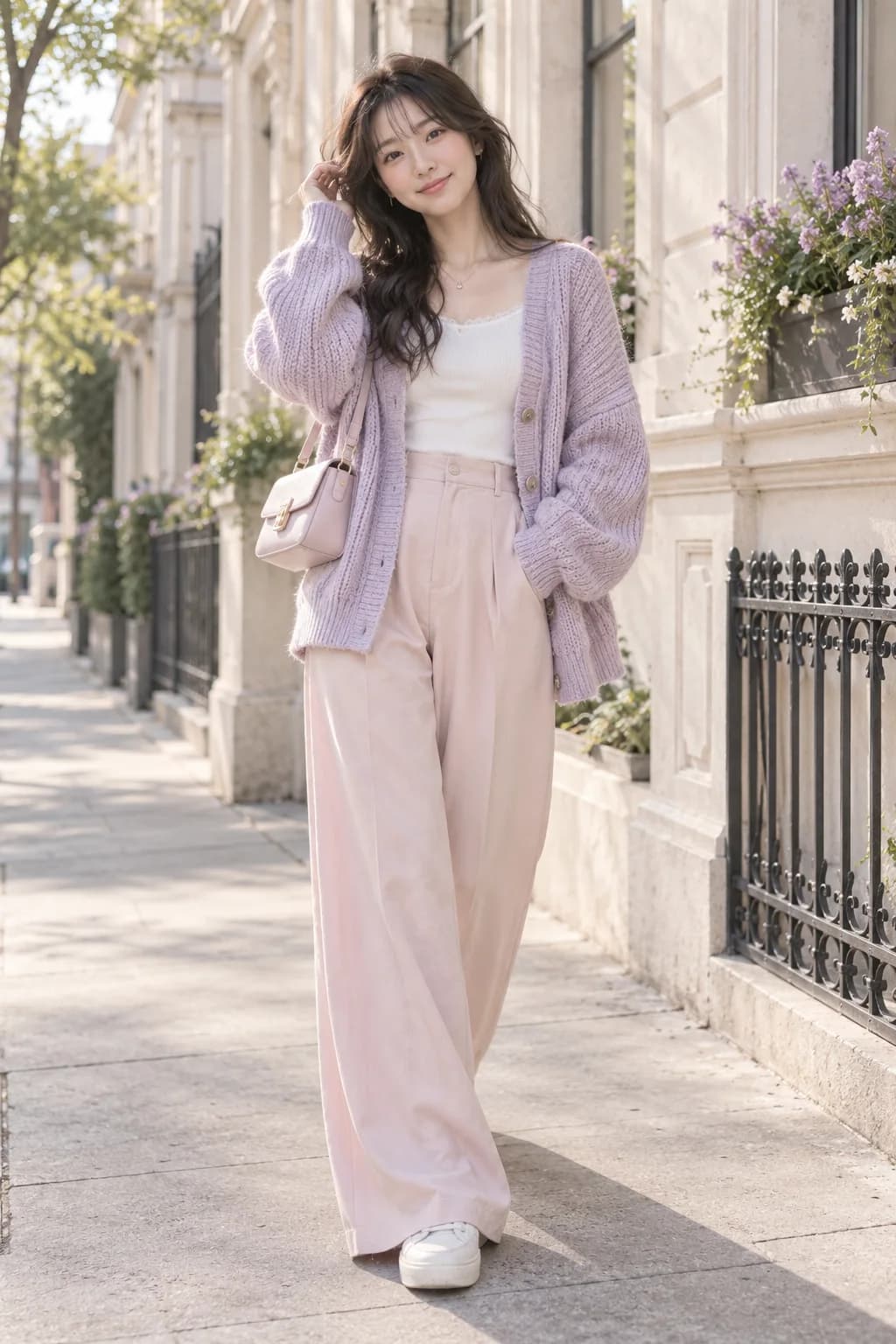 Soft girl outfit with a lilac cardigan and pale pink trousers Soft girl outfit with a lilac cardigan and pale pink trousers