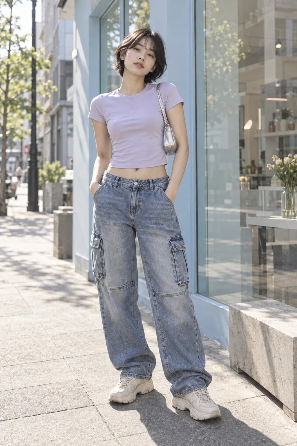Y2K outfit with a lavender baby tee and loose blue cargo jeans Y2K outfit with a lavender baby tee and loose blue cargo jeans
