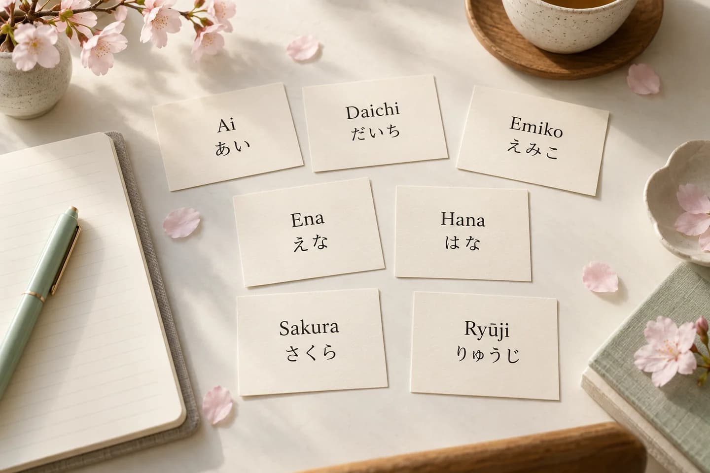 Seven Japanese name cards with Roman letters and kana beside a notebook and mint pen Seven Japanese name cards with Roman letters and kana beside a notebook and mint pen