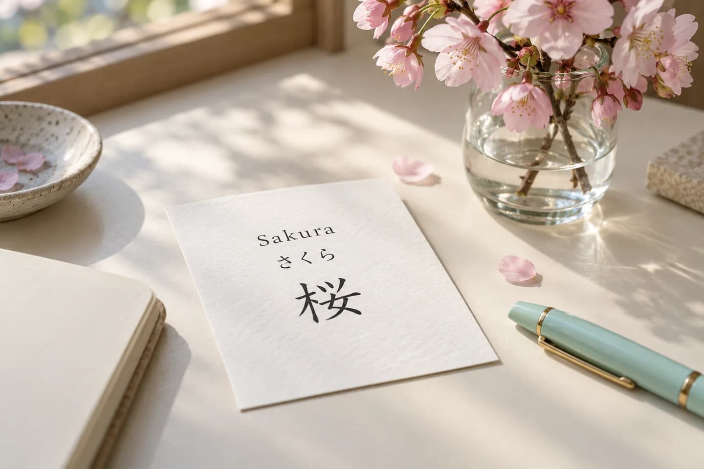 Sakura name card with さくら and 桜 beside pink cherry blossoms and a mint pen Sakura name card with さくら and 桜 beside pink cherry blossoms and a mint pen