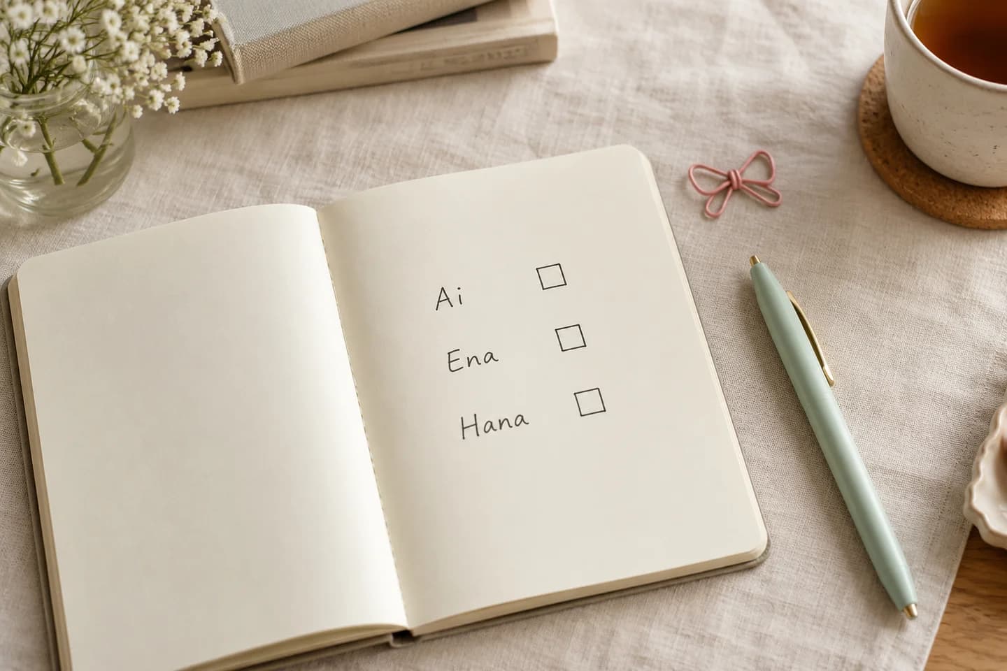 Notebook shortlist of Ai, Ena and Hana with empty checkboxes beside a mint pen Notebook shortlist of Ai, Ena and Hana with empty checkboxes beside a mint pen