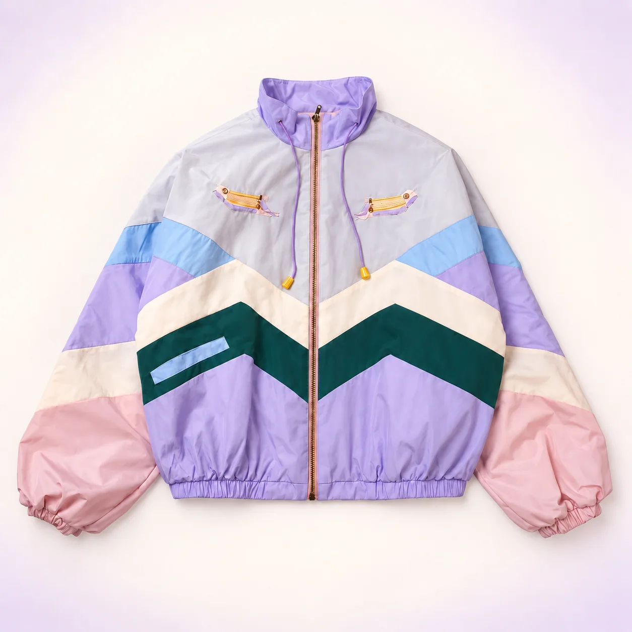 Pastel color-block windbreaker with lilac, cream, teal and pink panels, gold-tone zippers and a single visible welt pocket Pastel color-block windbreaker with lilac, cream, teal and pink panels, gold-tone zippers and a single visible welt pocket