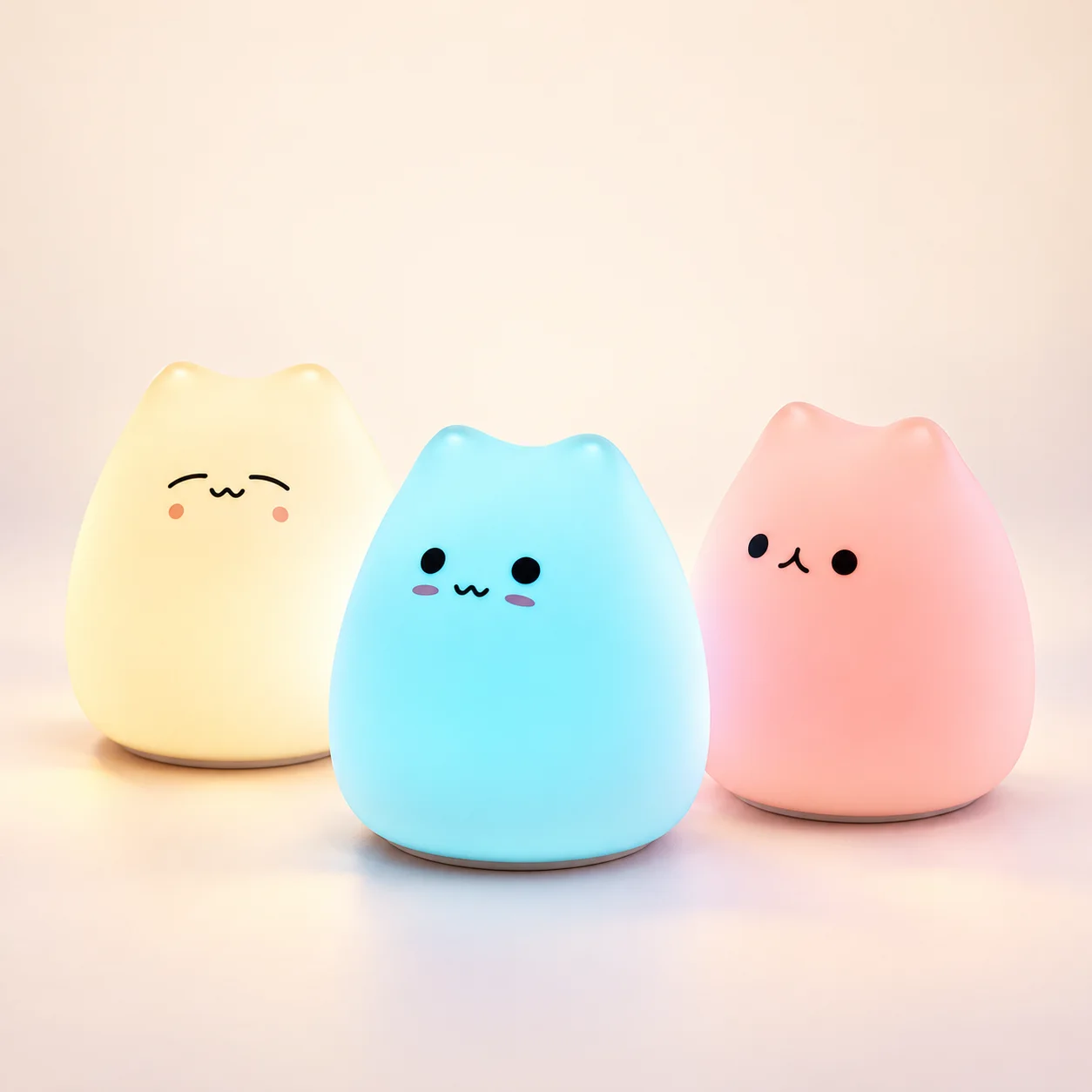 Kawaii Cat Lamp designs glowing cream, cyan and pink on an ivory studio background Kawaii Cat Lamp designs glowing cream, cyan and pink on an ivory studio background
