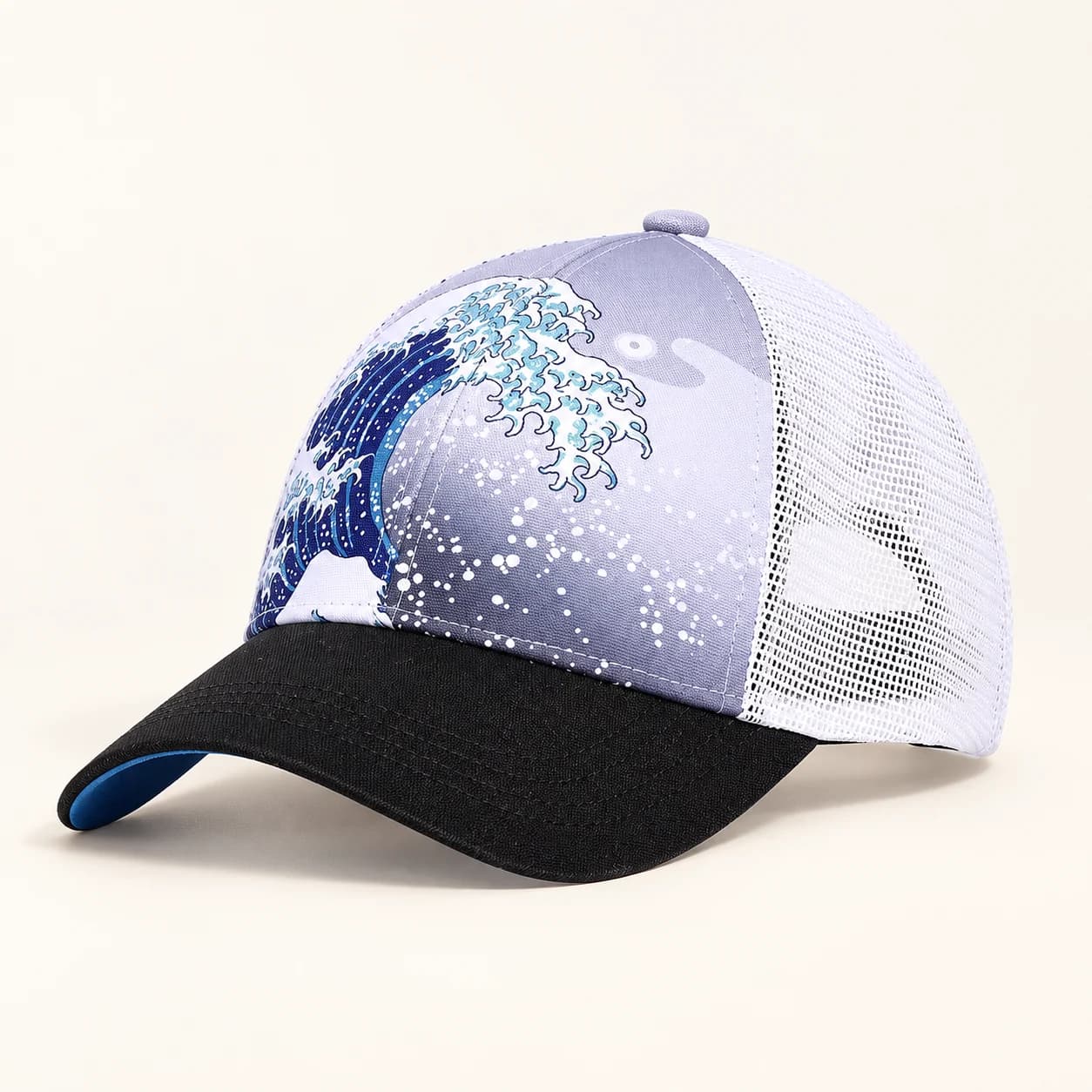 Retro Wave Cap with blue wave print, white mesh back and a curved black bill Retro Wave Cap with blue wave print, white mesh back and a curved black bill