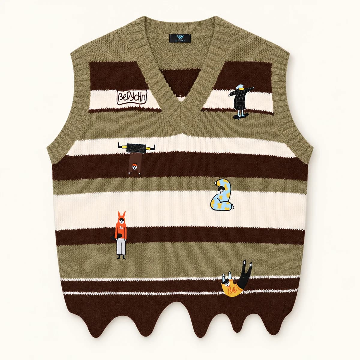 Olive, brown and ivory striped knitted vest with playful figures and a scalloped hem Olive, brown and ivory striped knitted vest with playful figures and a scalloped hem