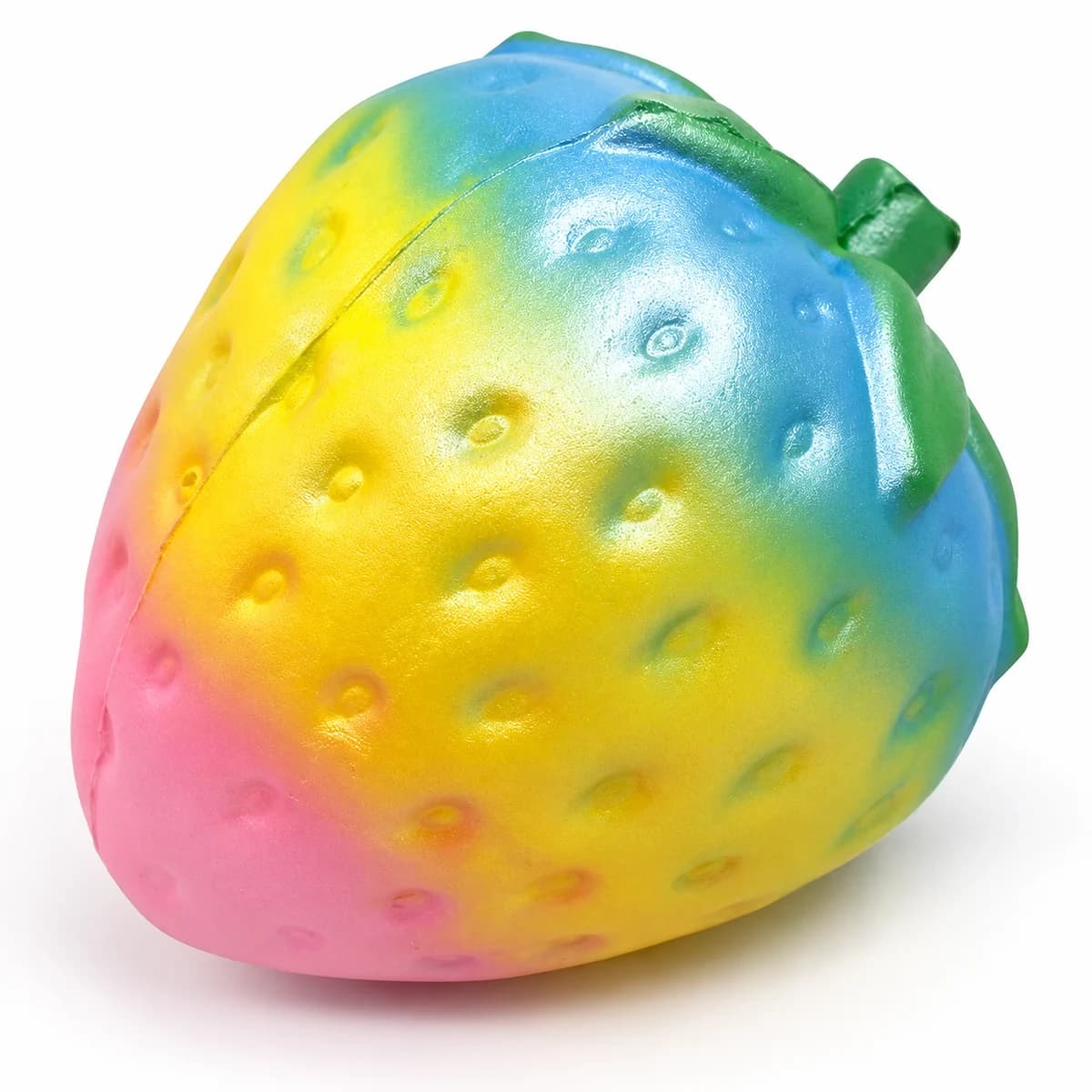 Pastel pink, yellow and blue strawberry squishy with green leaves and recessed seed details Pastel pink, yellow and blue strawberry squishy with green leaves and recessed seed details