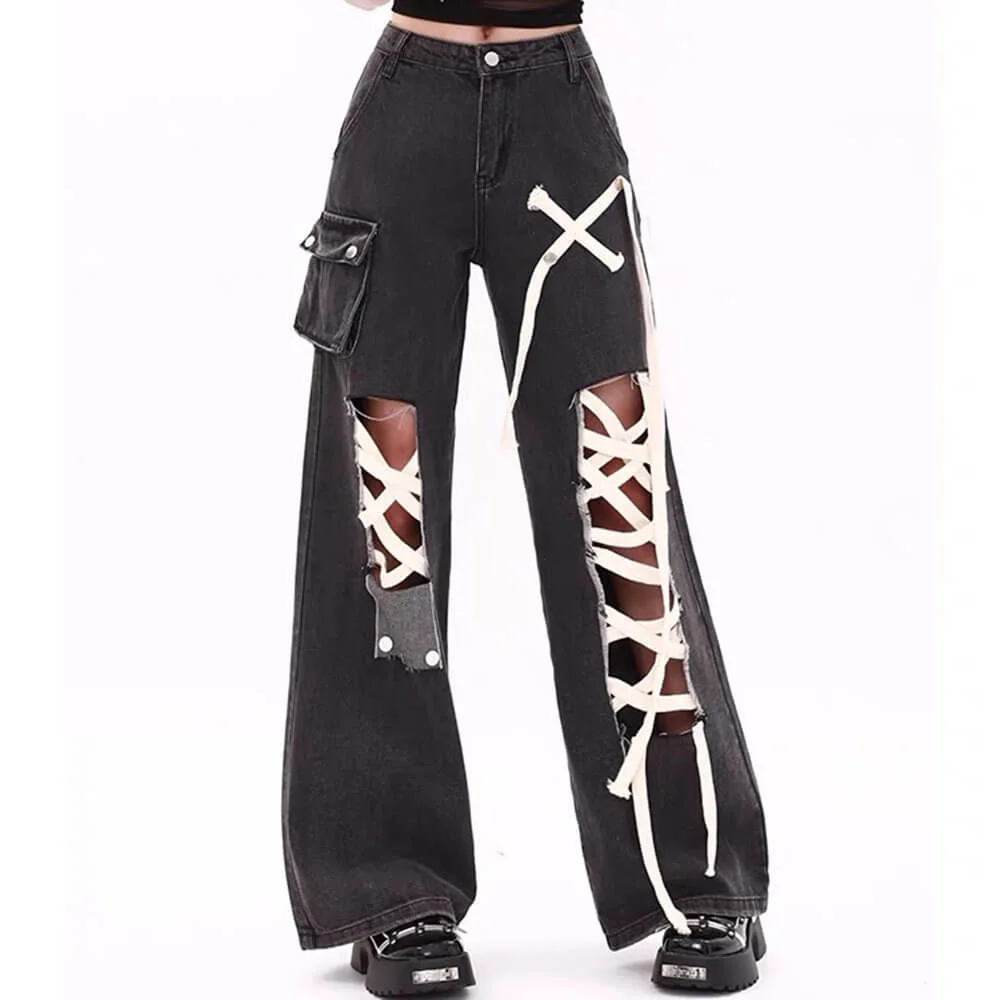 Lace Detail Wide-Leg Jeans — view 2 Lace Detail Wide-Leg Jeans — view 2