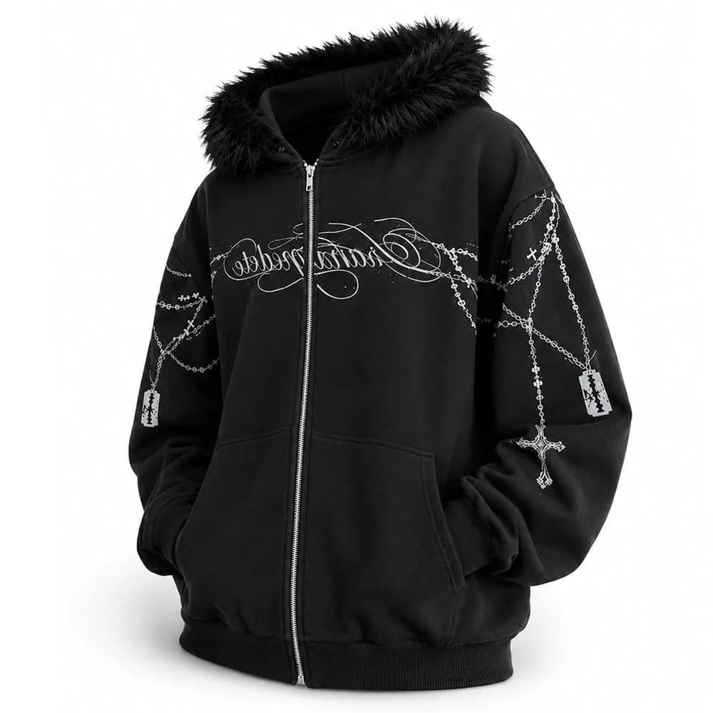 Y2K Detachable Fur Zip-Up Hoodie — view 2 Y2K Detachable Fur Zip-Up Hoodie — view 2