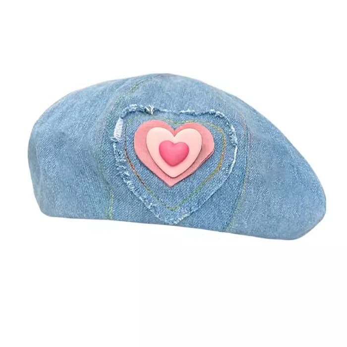 Heart Patch Denim Beret Hat — view 2 Heart Patch Denim Beret Hat — view 2