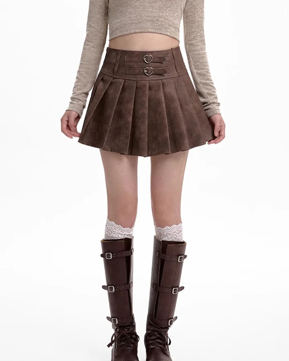 Coffee Cream Heart Buckle Mini Skirt — view 2 Coffee Cream Heart Buckle Mini Skirt — view 2