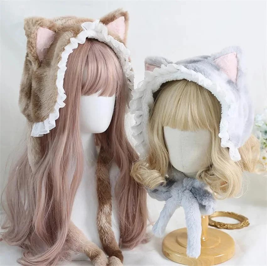 Fluffy Cat Ear Lace Bonnet Hat — view 2 Fluffy Cat Ear Lace Bonnet Hat — view 2