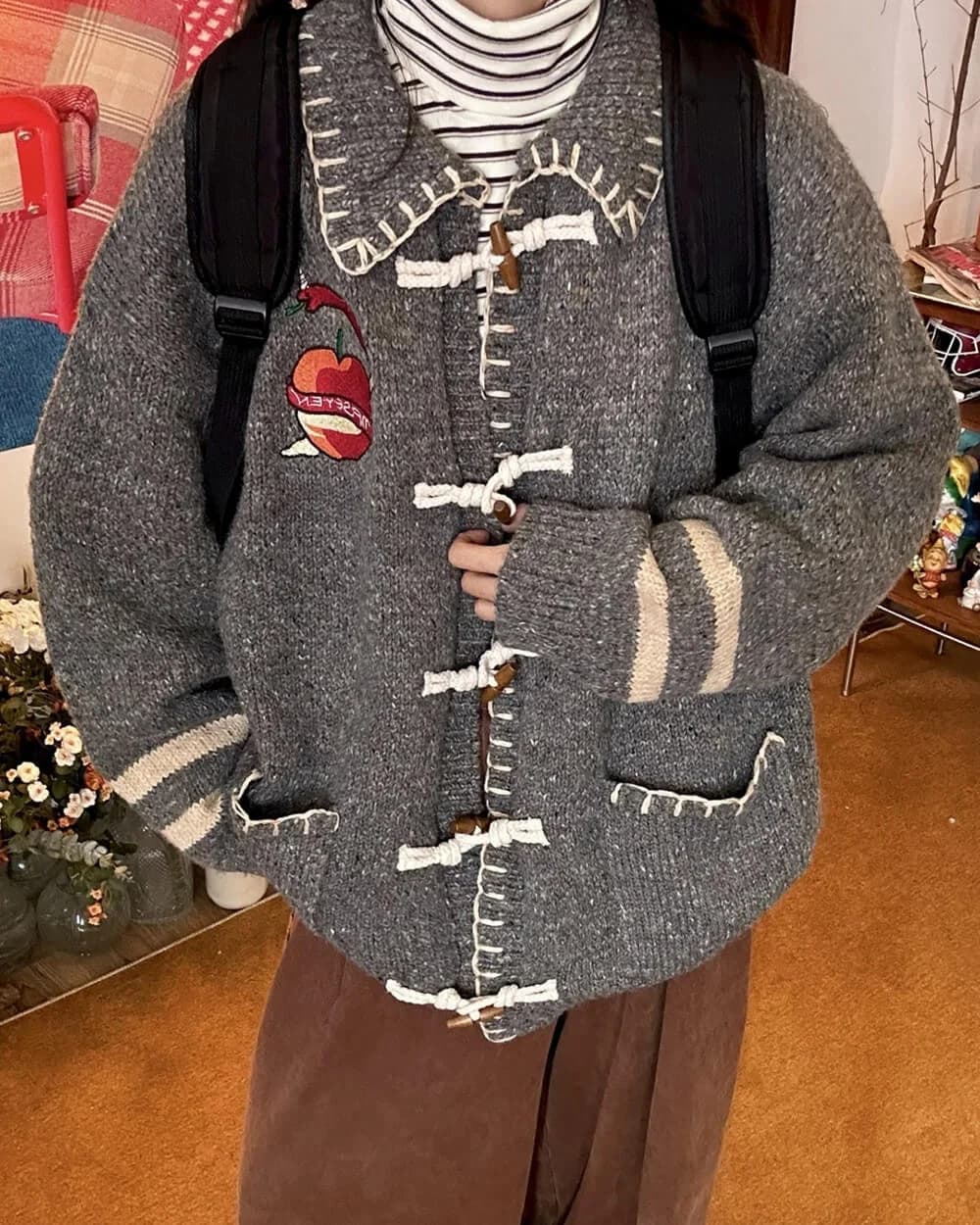 Apple Embroidery Grey Cardigan — view 2 Apple Embroidery Grey Cardigan — view 2