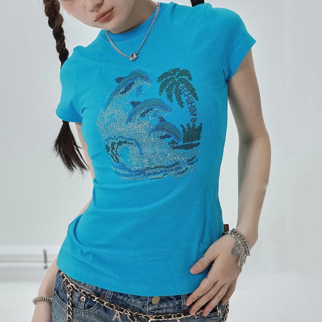 Y2K Dolphin Rhinestone Baby Tee — view 2 Y2K Dolphin Rhinestone Baby Tee — view 2