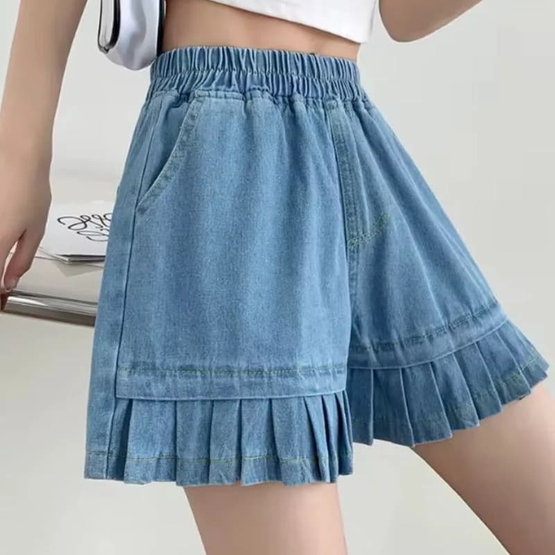 Blue Pleated Denim Shorts — view 2 Blue Pleated Denim Shorts — view 2