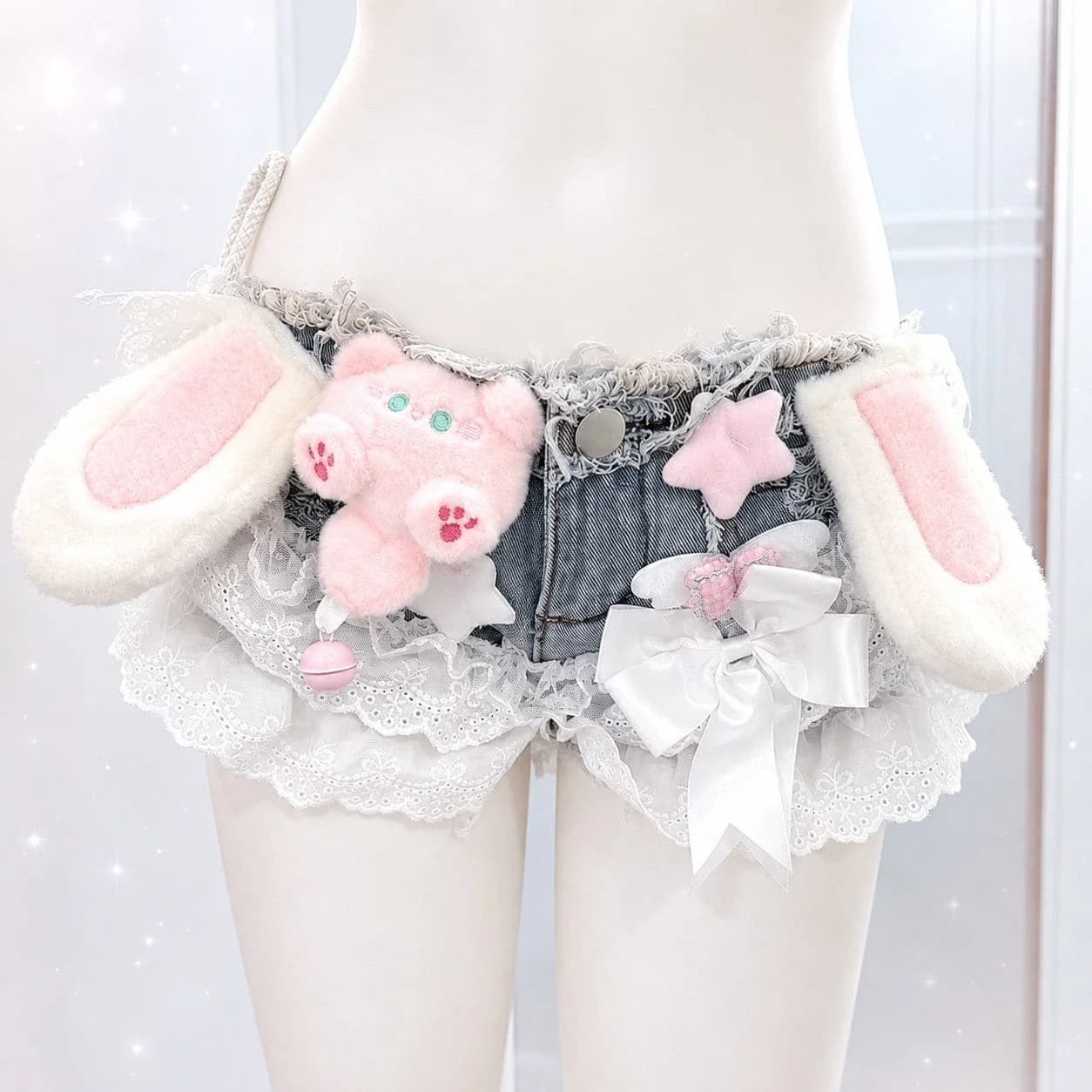 Bunny Bow Lace Denim Shorts — view 1 Bunny Bow Lace Denim Shorts — view 1