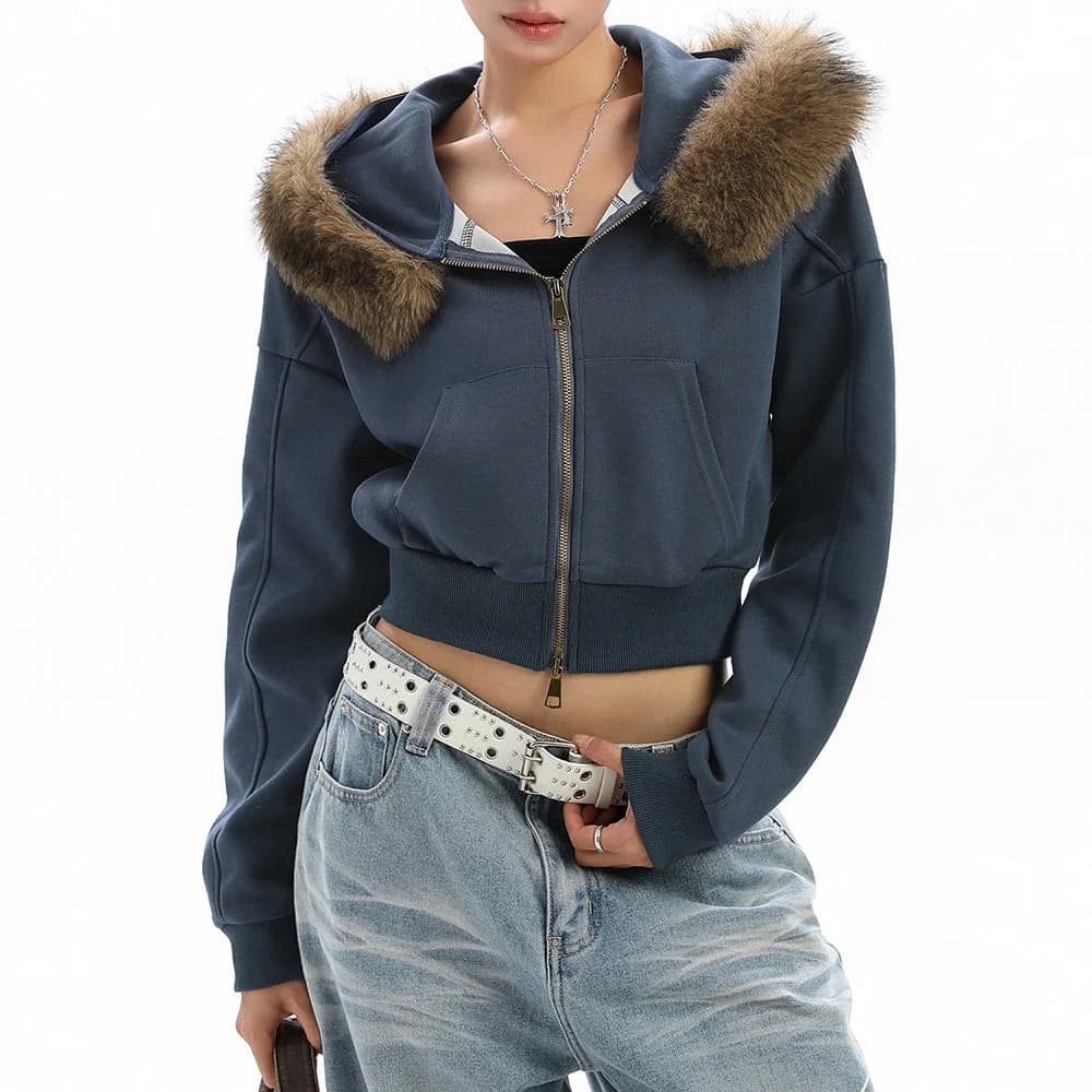 Y2K Aesthetic Cropped Fur Hoodie — view 2 Y2K Aesthetic Cropped Fur Hoodie — view 2