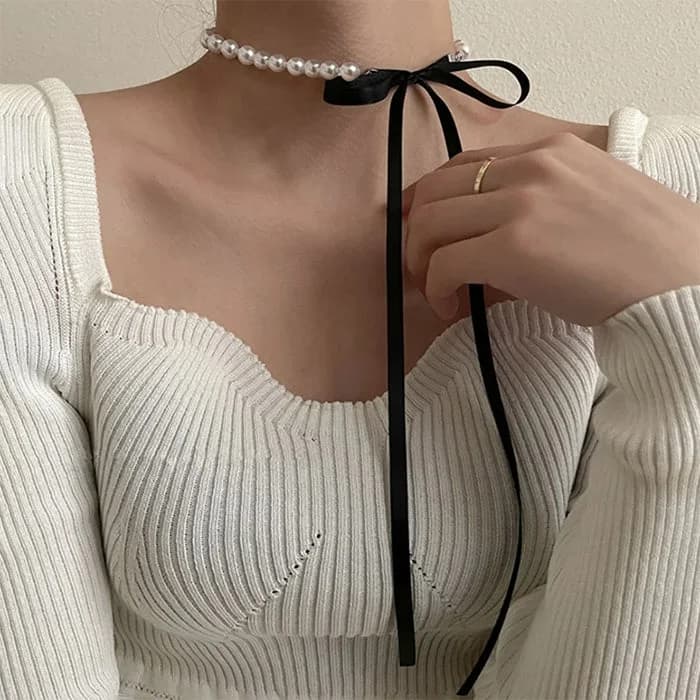 Coquette Bow Pearl Necklace — view 2 Coquette Bow Pearl Necklace — view 2