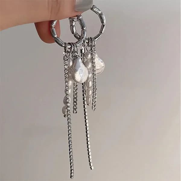 Grunge Pearl Chain Tassel Earrings — view 2 Grunge Pearl Chain Tassel Earrings — view 2