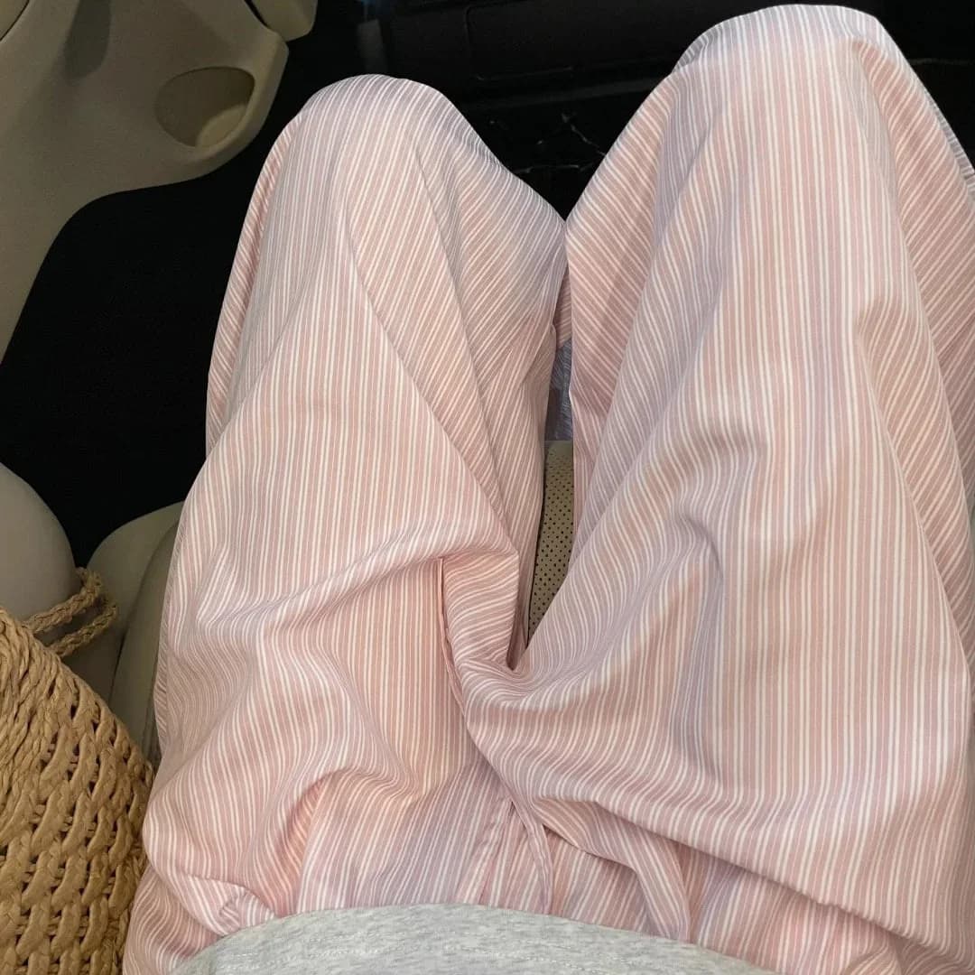 Loose Fit Pastel Cotton Stripe Pants — view 3 Loose Fit Pastel Cotton Stripe Pants — view 3