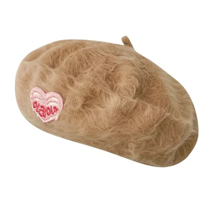 Cotton Candy Fluffy Beret with Heart Patch — view 1 Cotton Candy Fluffy Beret with Heart Patch — view 1