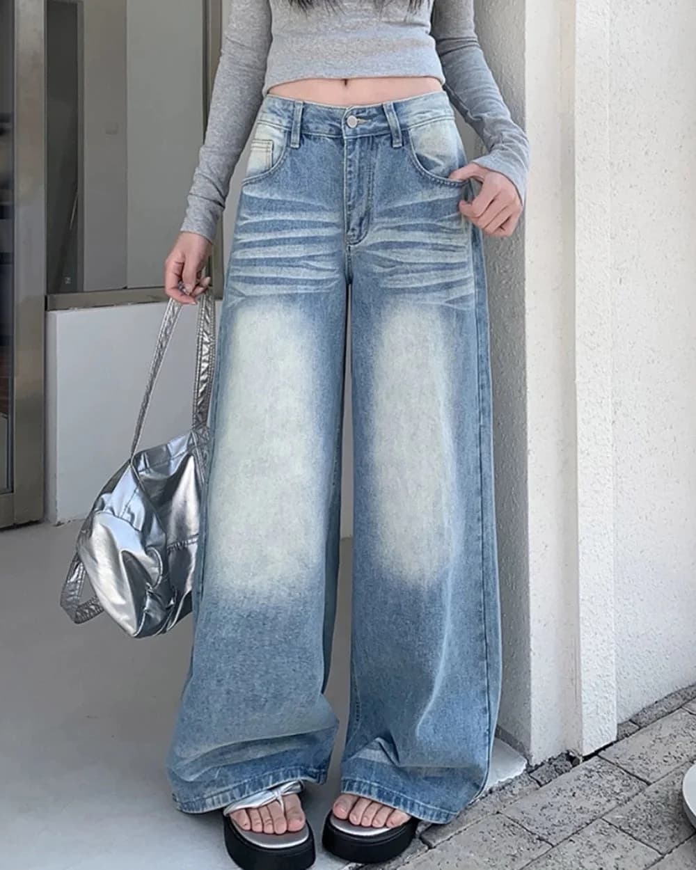 Light Blue Washed Wide-Leg Jeans — view 2 Light Blue Washed Wide-Leg Jeans — view 2