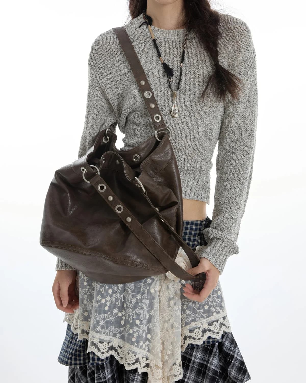 Too Busy Grommet Stud Brown Shoulder Bag — view 2 Too Busy Grommet Stud Brown Shoulder Bag — view 2