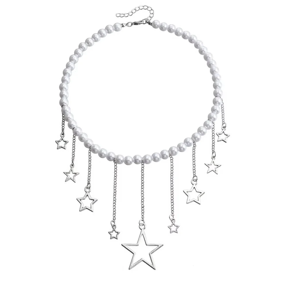 Y2K Pearl Necklace with Star Charms — view 1 Y2K Pearl Necklace with Star Charms — view 1