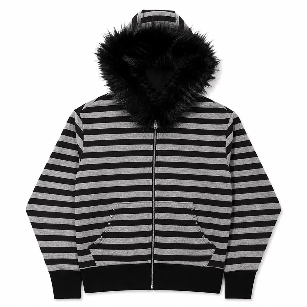 2000s Striped Faux Fur Zip-Up Hoodie — view 1 2000s Striped Faux Fur Zip-Up Hoodie — view 1