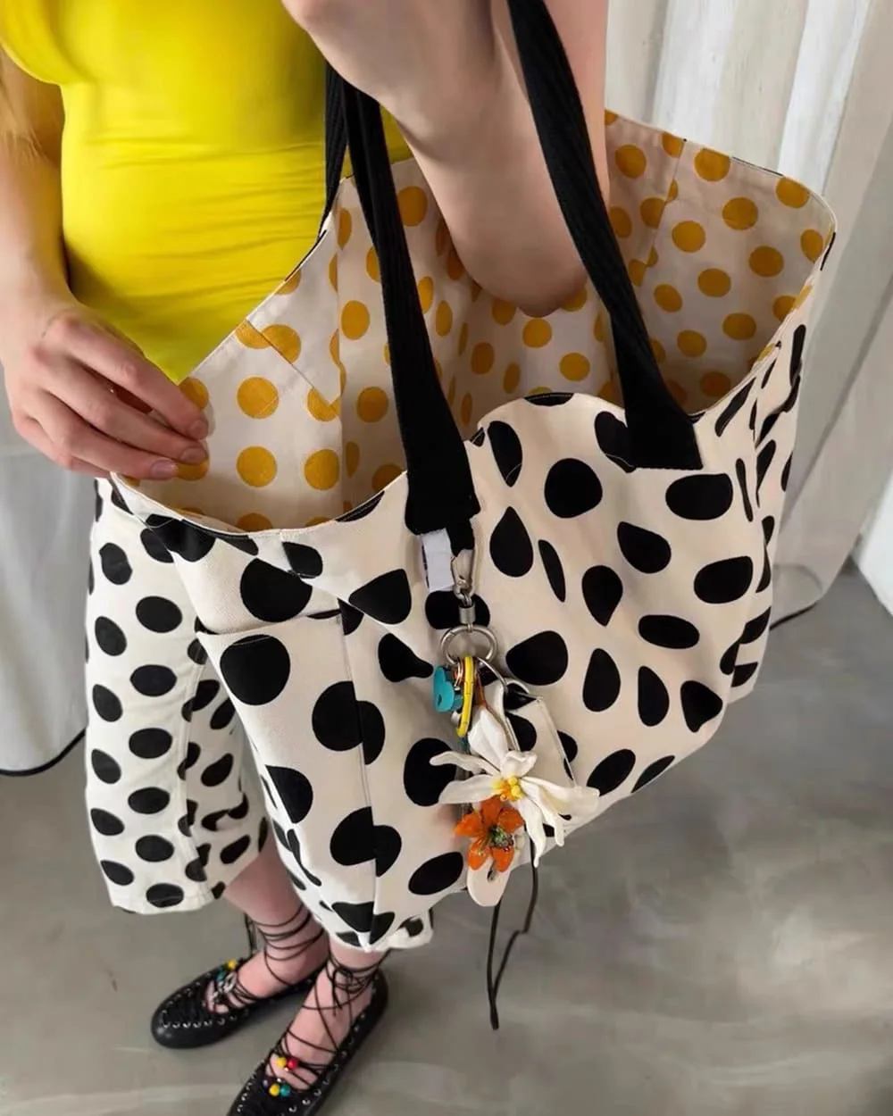 Polka Dot Canvas Shopper Bag — view 2 Polka Dot Canvas Shopper Bag — view 2