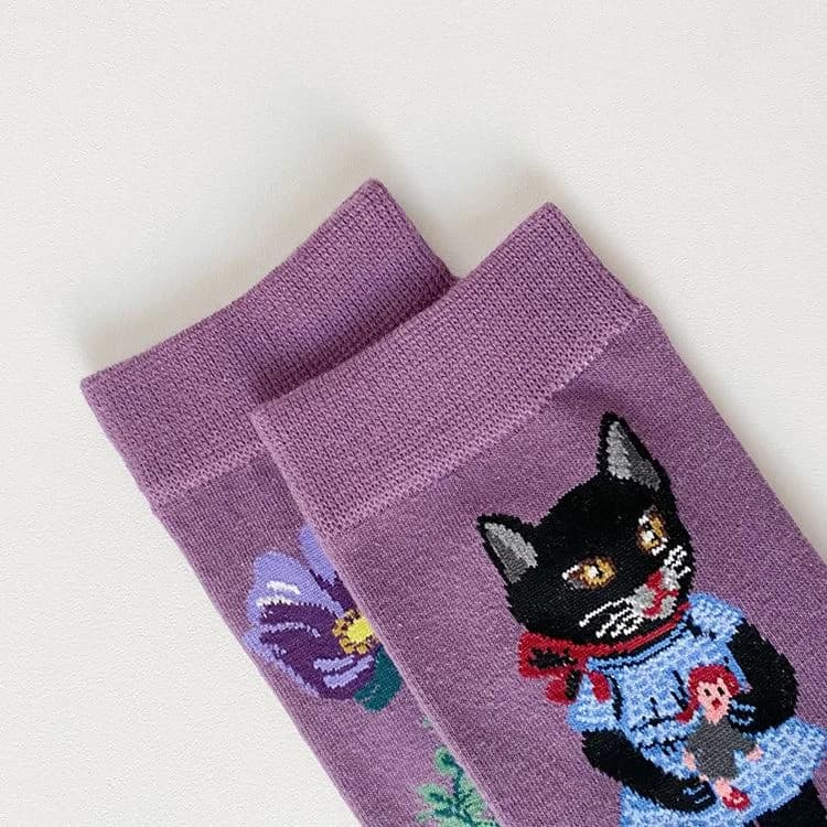 Purple Flower & Cat Aesthetic Socks — view 2 Purple Flower & Cat Aesthetic Socks — view 2