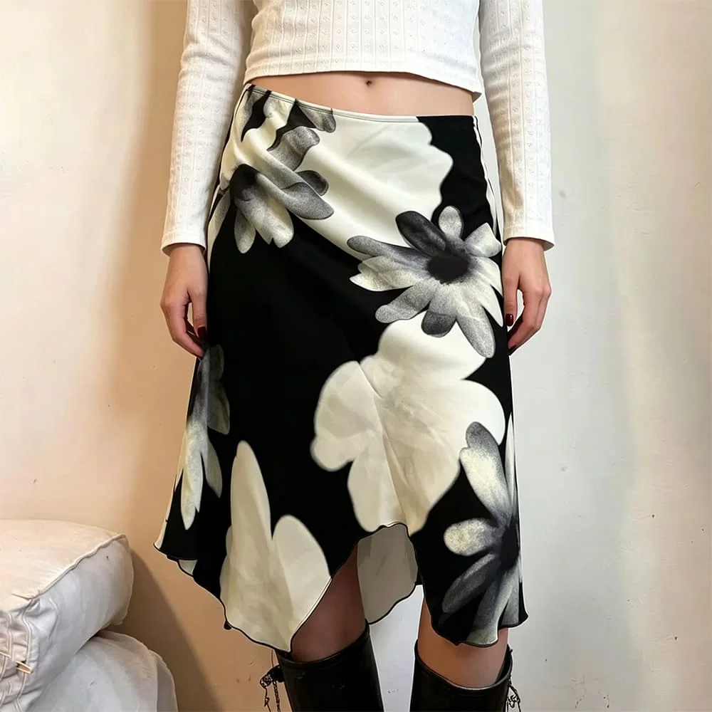Monochrome Daisy Asymmetric Midi Skirt — view 2 Monochrome Daisy Asymmetric Midi Skirt — view 2