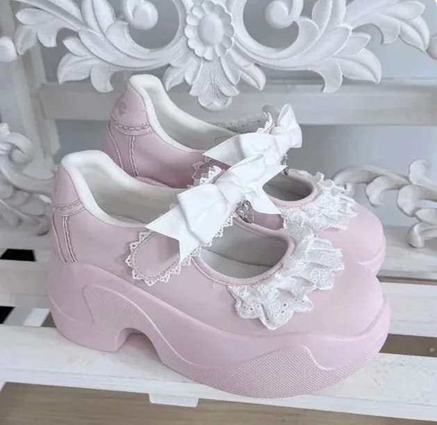 Fairy Kei Pastel Blue Plaid Skirt & Lace Bow Mary Jane Sneaker Set — view 2 Fairy Kei Pastel Blue Plaid Skirt & Lace Bow Mary Jane Sneaker Set — view 2