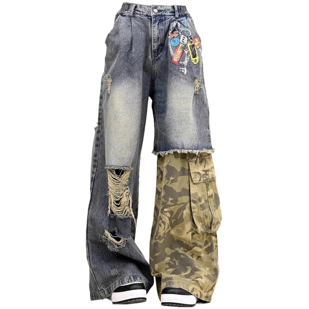 Distressed Camouflage Patchwork Jeans — view 1 Distressed Camouflage Patchwork Jeans — view 1