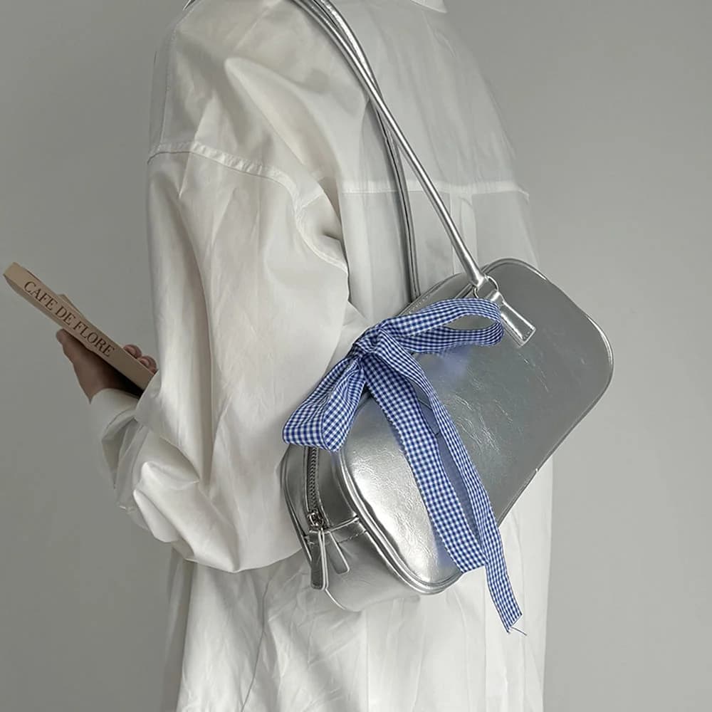 Silver Shoulder Bag with Gingham Bow — view 3 Silver Shoulder Bag with Gingham Bow — view 3