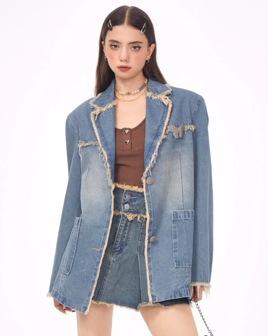 Distressed Denim Blazer in Blue — view 2 Distressed Denim Blazer in Blue — view 2