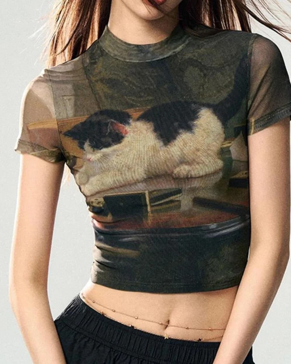 Playful Kitten Print Y2K Top — view 2 Playful Kitten Print Y2K Top — view 2