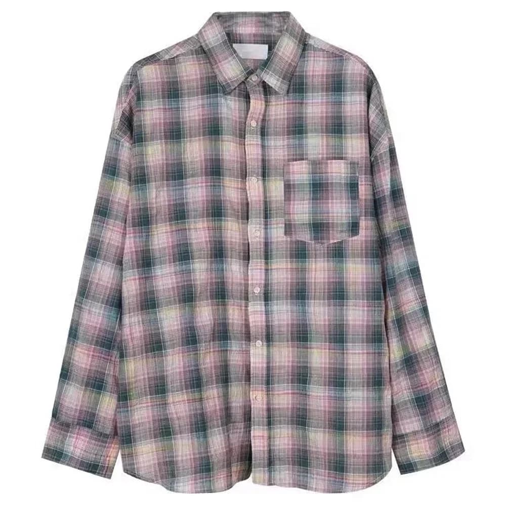 Pink and Green Plaid Button-Up Shirt — view 2 Pink and Green Plaid Button-Up Shirt — view 2