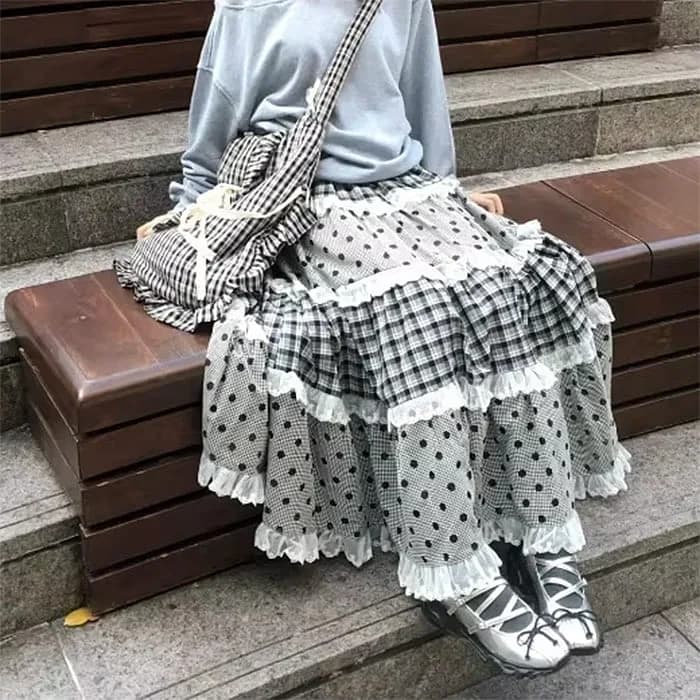 Black White Polka Dot Gingham Maxi Skirt — view 3 Black White Polka Dot Gingham Maxi Skirt — view 3