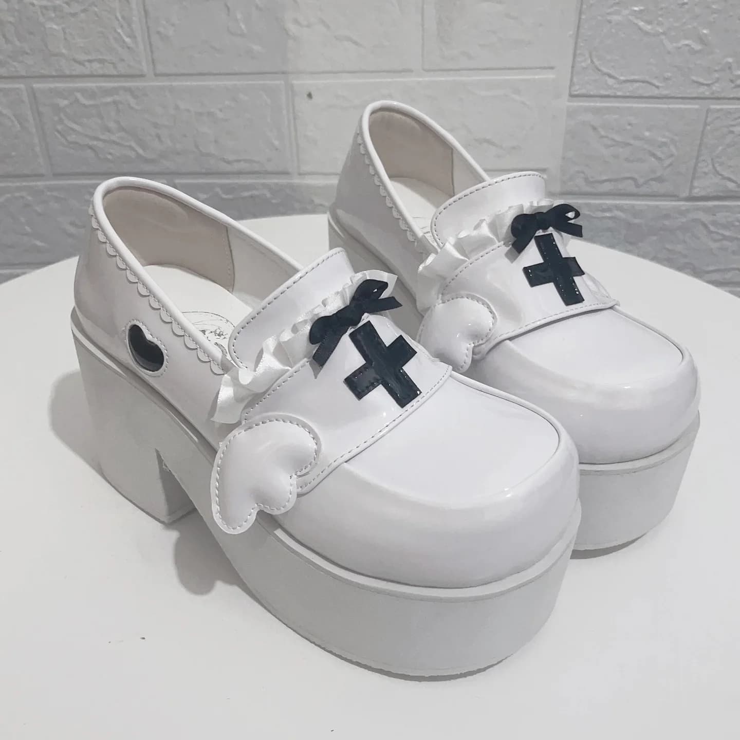 Menhera White Platform Loafers with Cross and Bow Details — view 2 Menhera White Platform Loafers with Cross and Bow Details — view 2