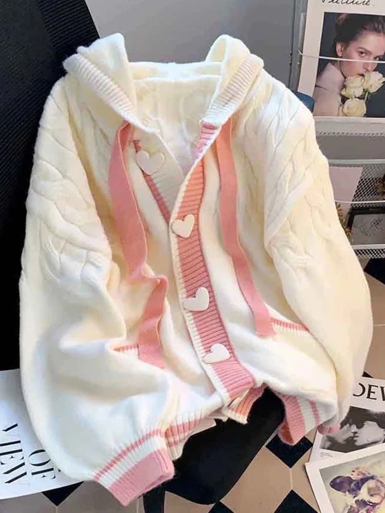 Pink Heart Button Hooded Cardigan — view 2 Pink Heart Button Hooded Cardigan — view 2